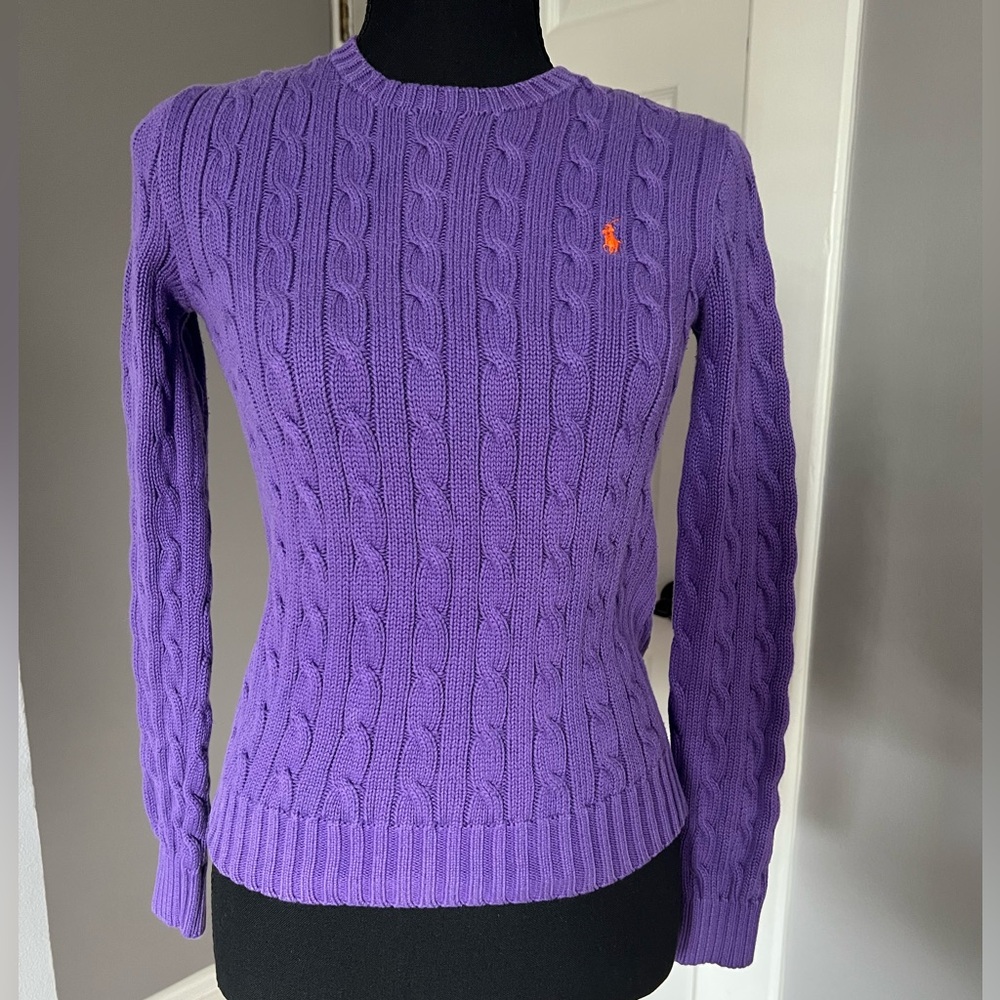 Ralph Lauren Purple Cable-Knit Crewneck Sweater with Orange Pony